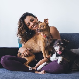 a woman sitting on a couch with dogs